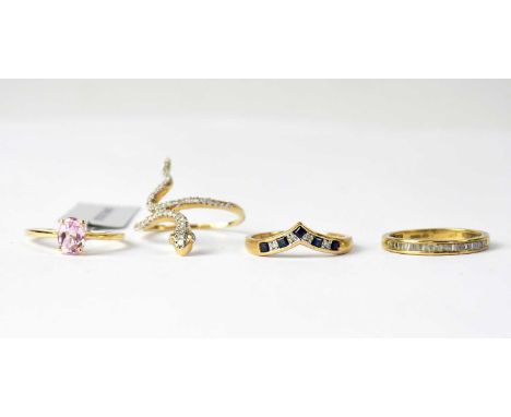 Three 9ct yellow gold dress rings comprising a wishbone ring set with small sapphires and diamond chips, size P, a ring set w