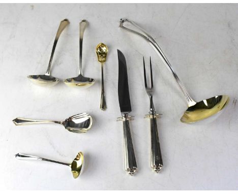 GORHAM; a selection of silver spoons and tableware, comprising a ladle initialled 'R', a pair of sauce ladles, a sugar scoop,