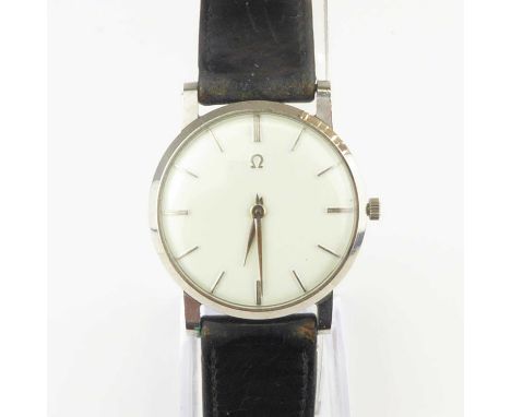 OMEGA; a gentlemen's stainless steel manual wind wristwatch, the white circular dial set with baton numerals, crown wind move