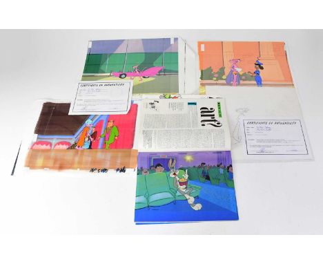 A small group of acetates and animated sketch backdrops relating to the Pink Panther, including two certificates of authentic