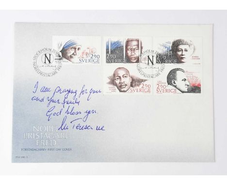 SAINT MOTHER THERESA; a first day cover bearing her inscription and signature.Condition Report: We have not authenticated thi