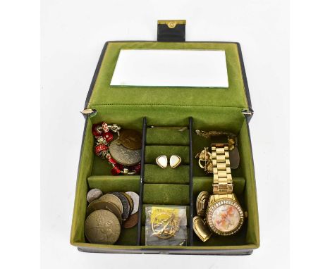 Various items of costume jewellery to include a 9ct gold coin mount, approx. 1.4g, two pairs of gold-coloured earrings, cuffl