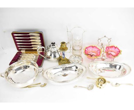 Various items of silver plate to include teapot, entrée dishes, bowls, double cranberry glass strawberries and cream dishes i