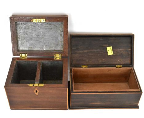 A 19th century inlaid mahogany square tea caddy with two-section interior, 13 x 17 x 12cm, together with a 19th century rosew