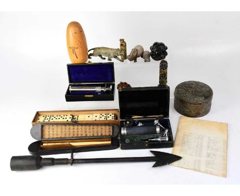 Two cased scientific instruments including a Theodore Hamblin of London example, an Oriental metal jewellery box with raised 