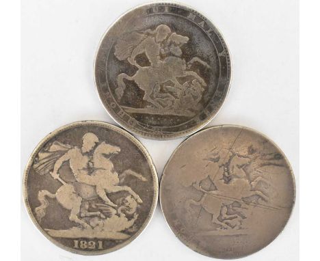 Two George II silver crowns, 1819 and one other with rubbed date mark, also a George IIII (sic) 1821 crown (3).Condition Repo