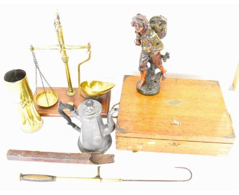 Various mixed collectibles to include a brass artillery shell case trench art poker stand, height 28cm, a set of brass balanc