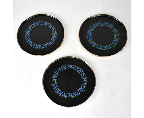 GORHAM; three American glass coasters with Gorham silver mounts, the smoked glass decorated with Greek Key and laurel leaf st