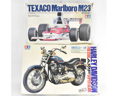 TAMIYA JAPAN; two scale model kits comprising 'Texaco Marlboro M23' 1:12 scale car, BS1216, a 'Harley Davidson FXE1200 AMF Su