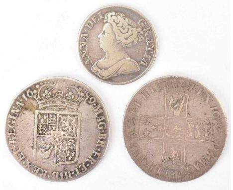 Two silver half crowns, one William &amp; Mary 1689, first bust and first shield and a William III 1698, also a Queen Anne sh