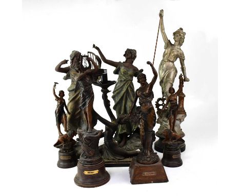 A group of spelter figures including an Art Deco style lamp with opaque glass shade, height of largest 64cm (8).