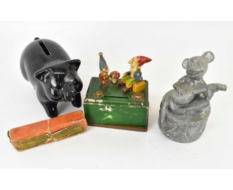 Various mixed collectibles to include a cast aluminium money box with the form of Mickey Mouse playing the banjo on drum, hei