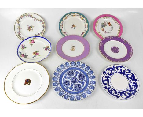 Nine various English and French cabinet plates, including a Sèvres hand painted floral plate with pink and gilt border, a Par