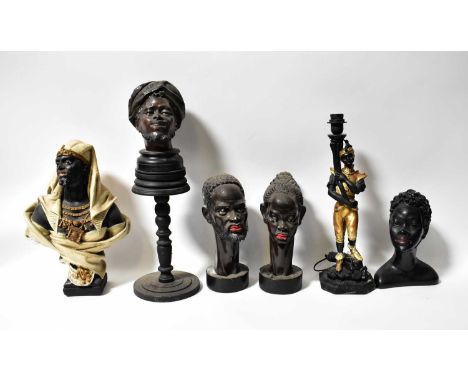 Five figural busts, together with a lamp in the form of a gentleman wearing 18th century clothes and holding aloft a torch (6