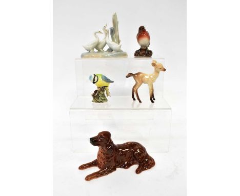 A small collection of ceramic animals comprising Beswick 'Red Setter' 1060, 'Fawn', 'Blue Tit' 992, 'Robin' 980 and a Nao gro