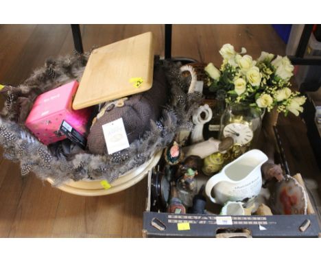 A box of perpetual motion mantle clock, a Burleighware decorative jug and a basket containing animal door stop etc  