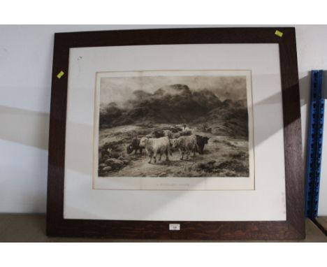 Victorian monochrome print "The Highland Drove", in card mount and plain oak frame