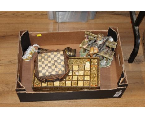 Box of chess board and pieces, Backgammon board and pieces etc 