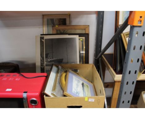 Box of mixed artwork and prints, to include a coastal print, print of Victorian scene with animals and other pictures 