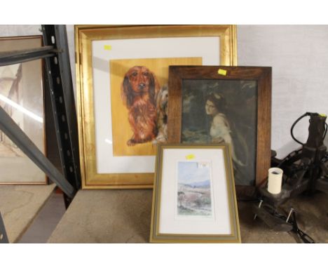 Colin Williamson print, two pictures and gilt framed dog picture