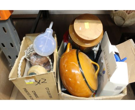 Two boxes of Hornsea lidded storage jar, foot pump, plastic camping cups etc