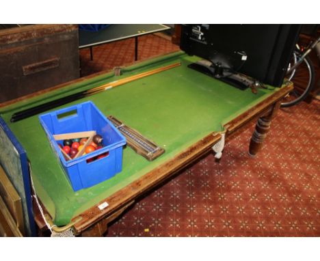 A vintage slate bed snooker table, with three leaves or covers, balls, scorers etc (AF)