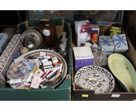 Two boxes of Edwardian mahogany inlaid mantle clock, British made table tennis game, eastern patterned plate, Wedgwood home i