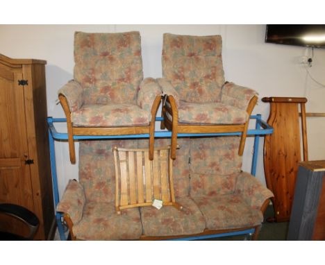 Ercol white elm framed four piece suite, 2 armchairs, 3 seater settee &amp; footstool (wear to upholstery)