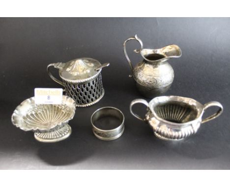 Silver and white metal condiments - milk jug, napkin ring etc