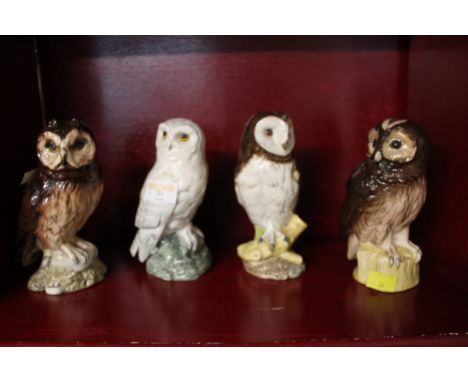 Four Royal Doulton owl form Whyte and Mackay Scotch whisky decanters - short eared owl and snowy owl