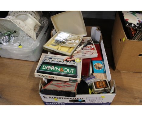 Box of mother of pearl and other cutlery, vintage board games and cards