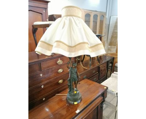 Patinated spelter electric figural table lamp (hunter and dog)