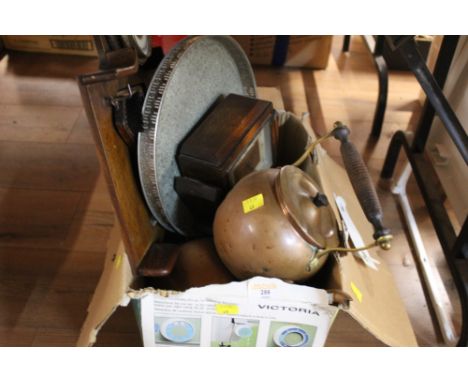 A box containing copper kettle, Art Deco style oak mantle clock, a silver plated tray and other items 