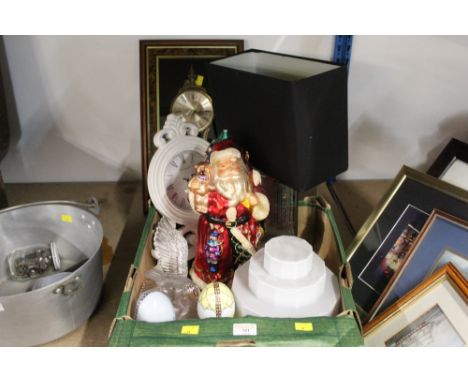 Box of Santa ornament, Leonardo clock, decorative mirrored table lamp and Ken Broadbent wall clock    