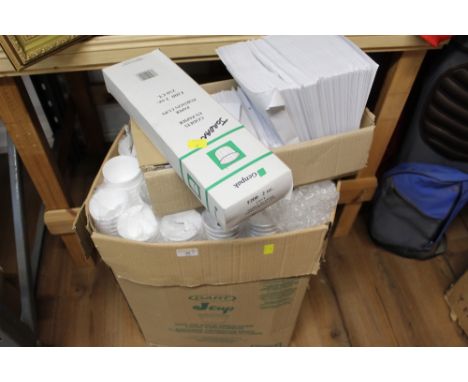 Two boxes of envelopes and paper cups