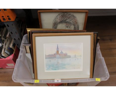 A box of mixed prints and pictures to include a Gwen Mandley Italian watercolour, Fisher Street of Workington print, etc.