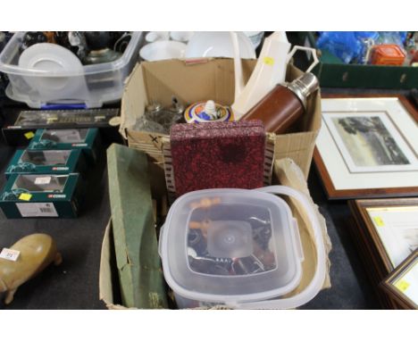 Two boxes of vintage thermostat flask, cocktail shaker, glassware, corkscrews &amp; cutlery 