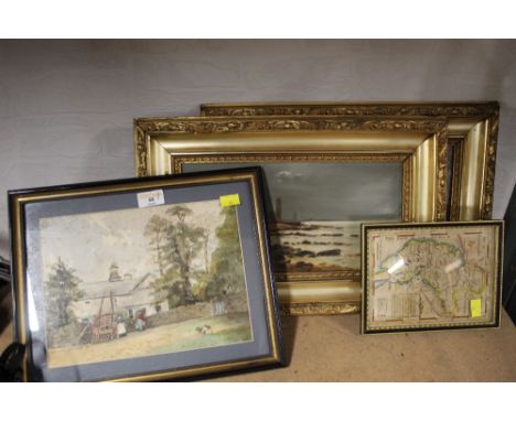 Two gilt framed paintings on board to include Coast of Brittany signed GDJ 1904, small print of a map of Cumberland and a wat