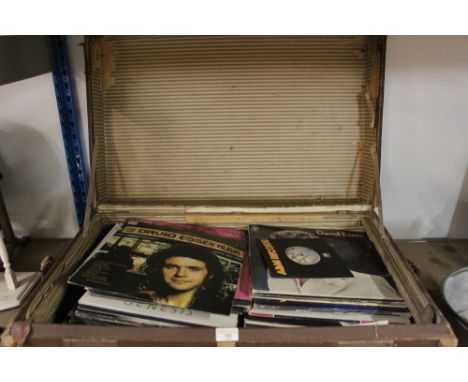 Vintage brown trunk with records - David Essex album etc