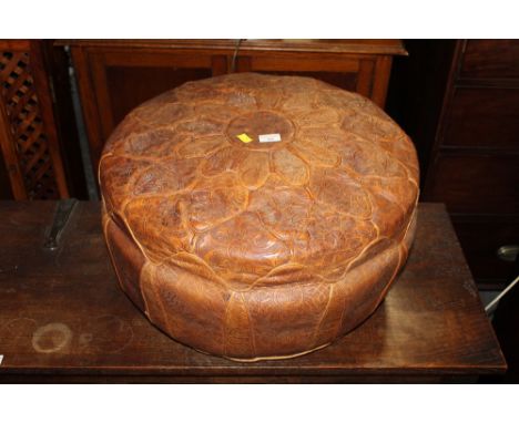 Vintage eastern circular embossed leather pouffe