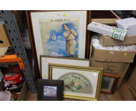Framed &amp; mounted print of cricket newspaper cutting, gun dog and other prints and Olive Murray Chapman watercolour lake s
