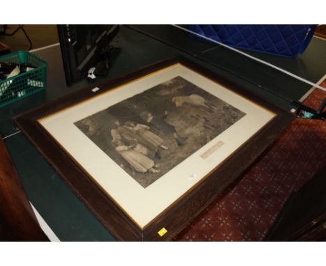 A 19th century monochrome print "A Tempting Bait", card mount, gilt slip and moulded oak frame, glazed