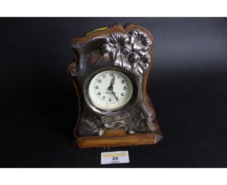 Edwardian silver mounted mantle clock (damaged to silver mount), dial marked Mercedes Made in Germany