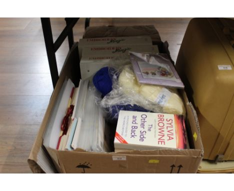 A box of embroidery magic informative files, a bag of wool, together with books and other items   