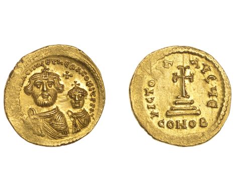 Heraclius (610-641) and Heraclius Constantine, Solidus, Constantinople, officina e, 4.50g/6h (Sear 738). Light scrapes on rev