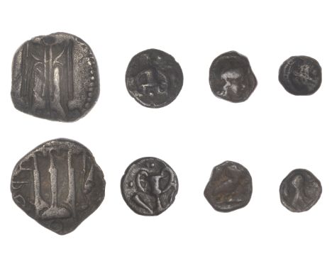 BRUTTIUM, Kroton, Third-Nomos, tripod, heron to right, rev. incuse design, 2.51g (HN Italy 2105); ATTICA, Athens, Obol, c. 45