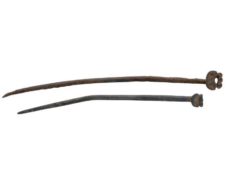 5th century, bronze ring-headed pins (2), 13.1cm and 11.5cm long; both have a circular head plate with three forward-projecti