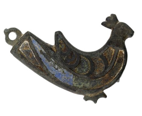 Roman, a bronze peacock plate brooch, 2nd century AD, 2.9cm long by 2.3cm high; the crescent-shaped body has folded wings wit
