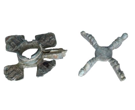 Late 12th / early 13th century, brass horse pendant in two parts, originally hinged together; top half 7cm diameter, in cross