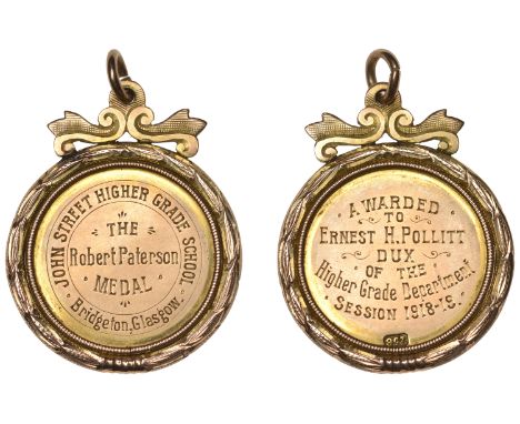 John Street Higher Grade School, Glasgow, Robert Paterson Medal, a gold award, rev. named (Awarded to Ernest H. Pollitt, Dux 